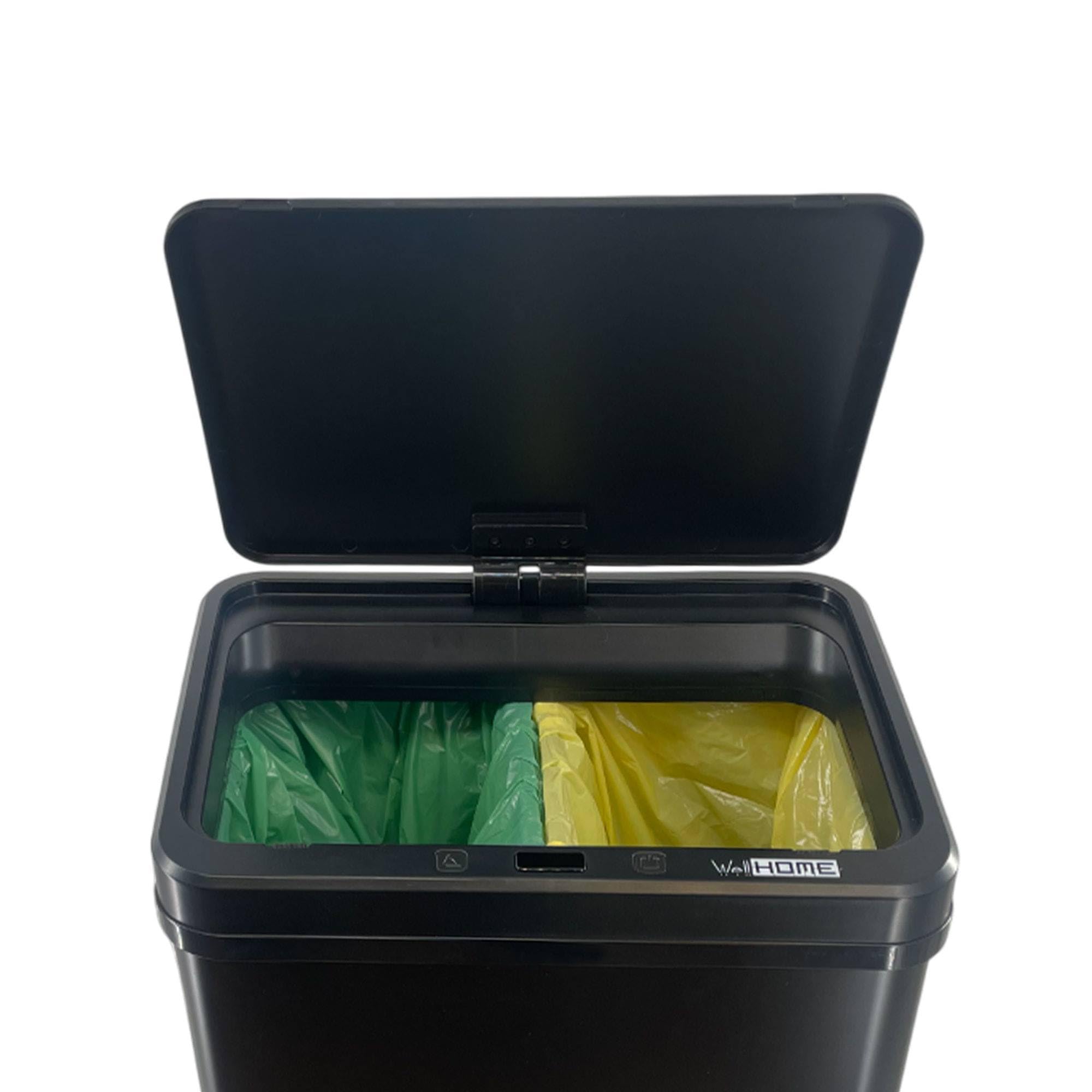 WELL HOME MOBILIARIO & DECORACIÓN Cubo de Basura inteligente para Reciclaje SIN patas, con apertura automática y contacto manual, capacidad 15L+15L, Alto: 60 (x35,5x26cm), Color Negro
