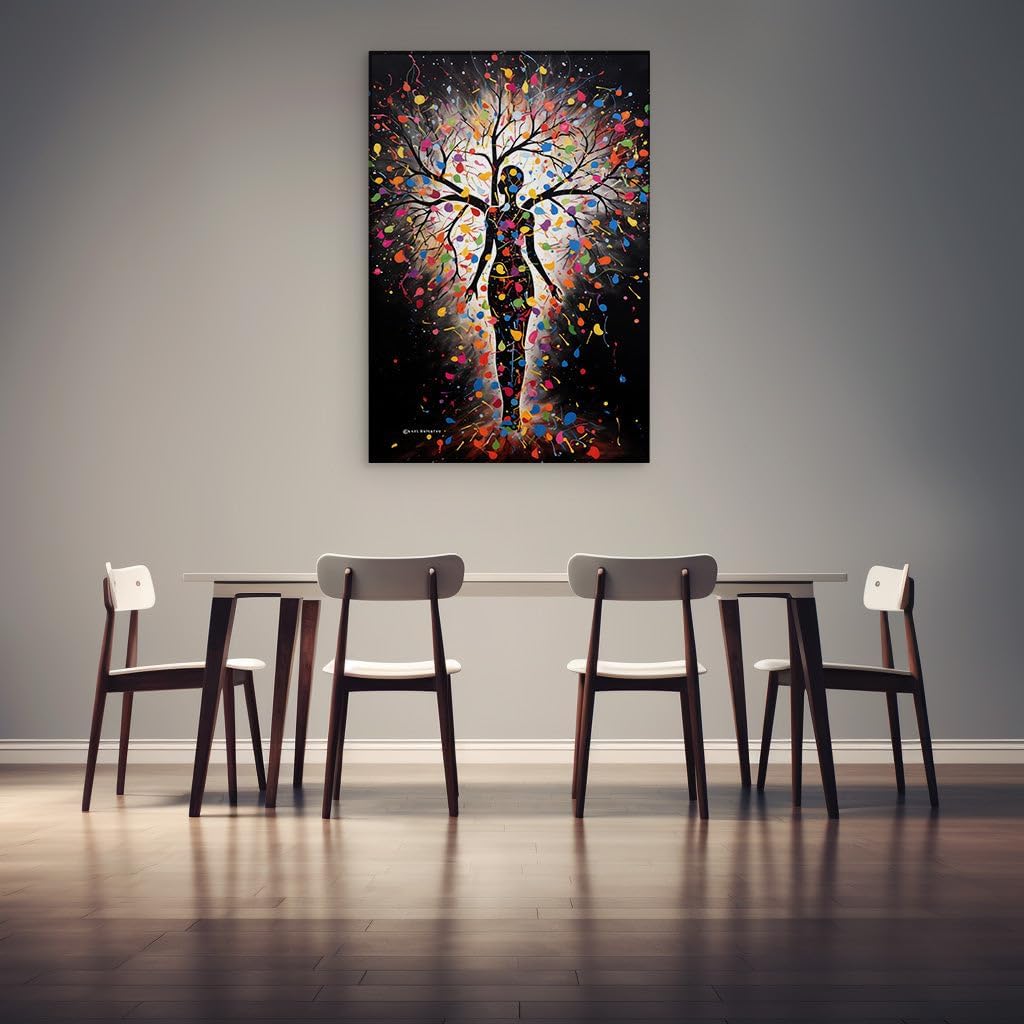 Canvas for Living room. Embracing Colors: A Woman's Silhouette and the Vibrant Tree of Life, 27 x 18 inch Canvas Wall Art - Contemporary Masterpieces - Modern Home Decor