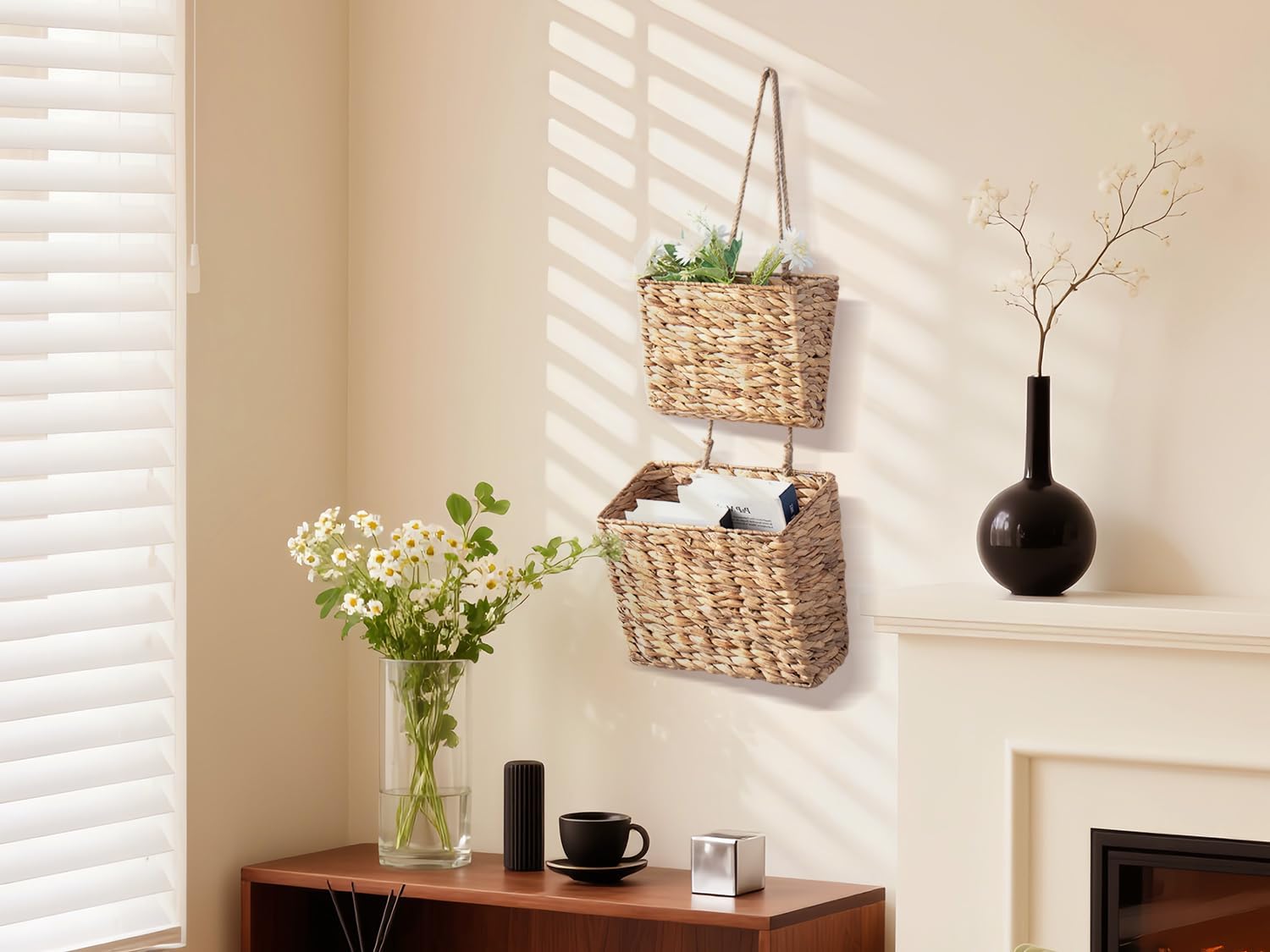 YAHUAN Woven Water Hyacinth Hanging Basket 2-Tiered Storage Baskets Hanging Organizer Hanging Wall Basket for Home,Pantry,Garden, Office Organization (Water Hyacinth)