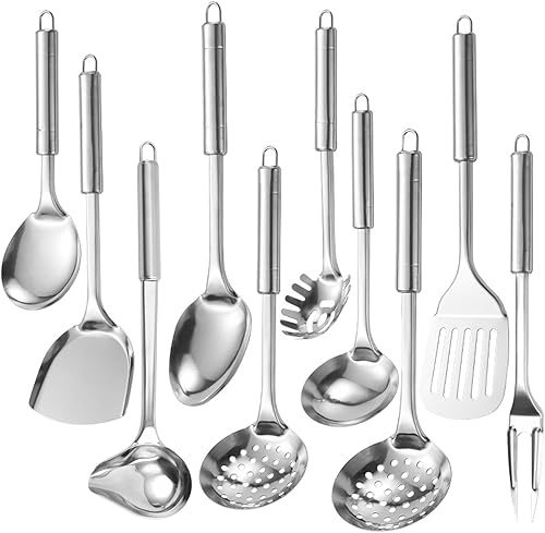 Ragyzity Juego de utensilios de cocina de acero inoxidable, 10 utensilios de cocina de acero inoxidable de agarre cómodo, antiadherentes y