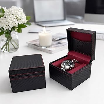 Portable PU Faux Leather & Suede Watch Storage Organiser Box I Jewellery Case I -Single Slot (Black Single watch Hard Cushion)