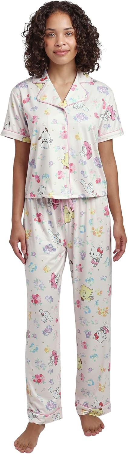 Bioworld Hello Kitty & Friends All-Over Print Women's Button-Down Shirt And Pants 2-Piece Pajama Set