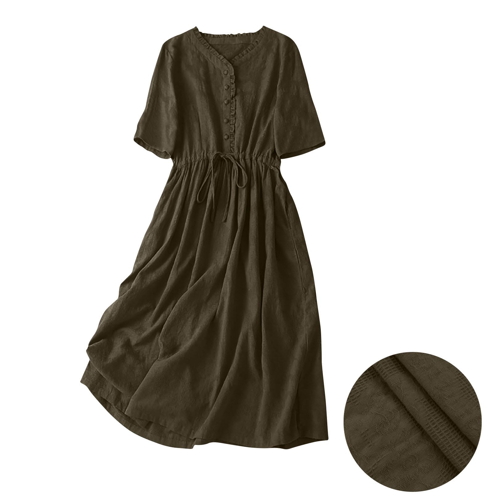 Vestido Mujer Verano Largo Vestidos Casual con Media Manga Cuello en V Color Sólido Elegante Vestido Jacquard con Botones y Cinturón Sueltos Cómodo Vestido Midi Línea A para Uso Diario
