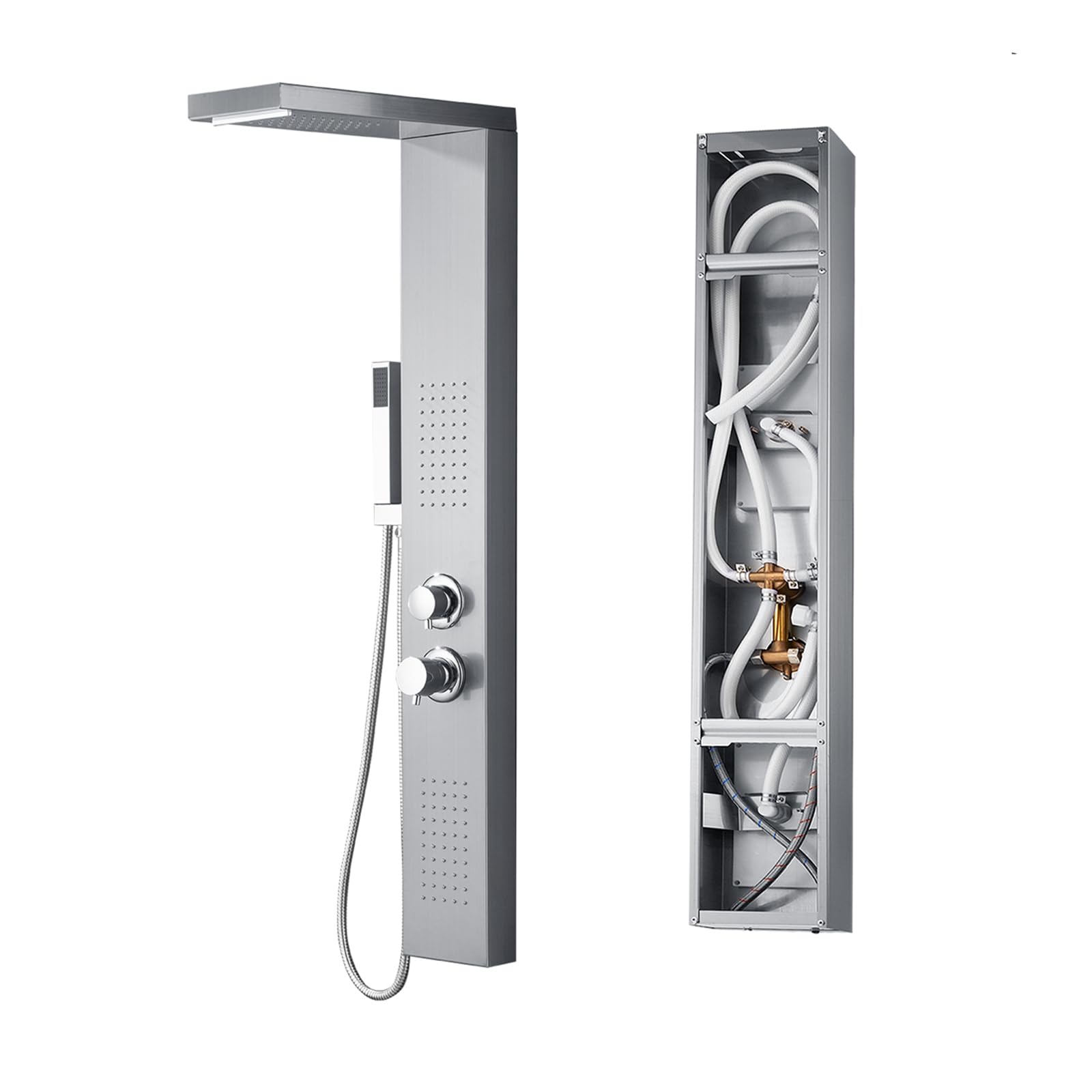 YUENFONG Panel de Ducha de Acero Inoxidable - Columna con Alcachofa de Mano, Efecto Lluvia, Masaje y Cascada Plateado