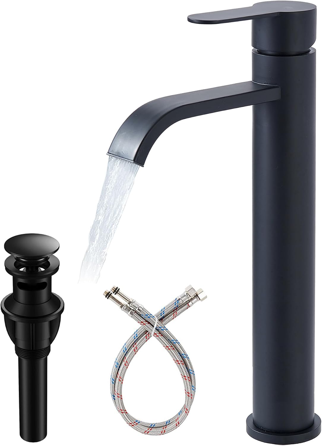 VAPSINT Matte Black Vessel Sink Faucet, Waterfall Tall Black Bathroom ...