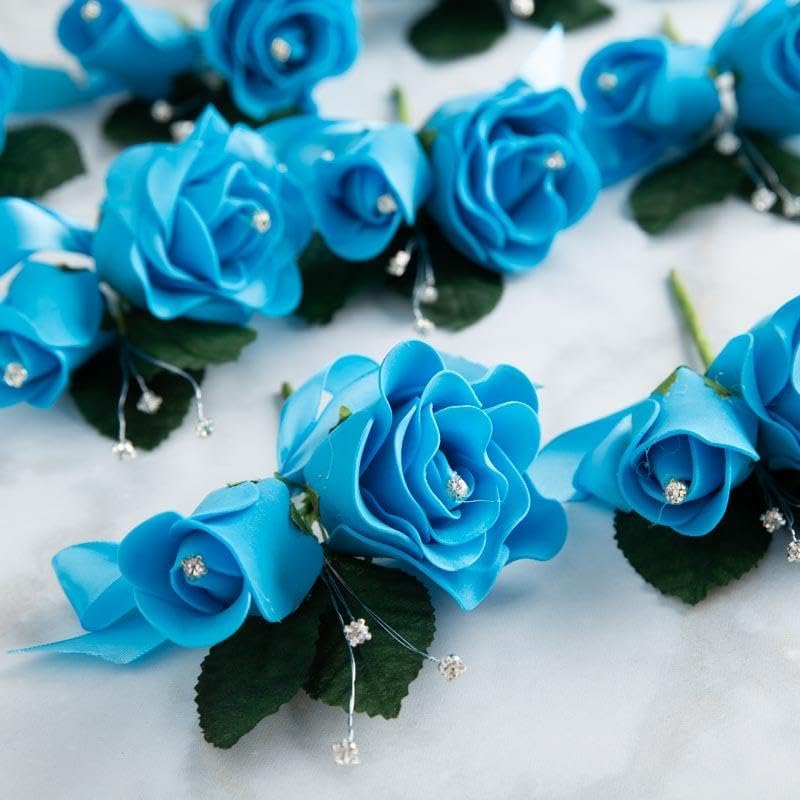 Factory Direct Craft Turquoise Artificial Foam Rose Boutonniere Picks - Set of 12 Fake Rose Heads for Romantic Corsages, Napkin Rings or Placeholders (5 Inches Long)