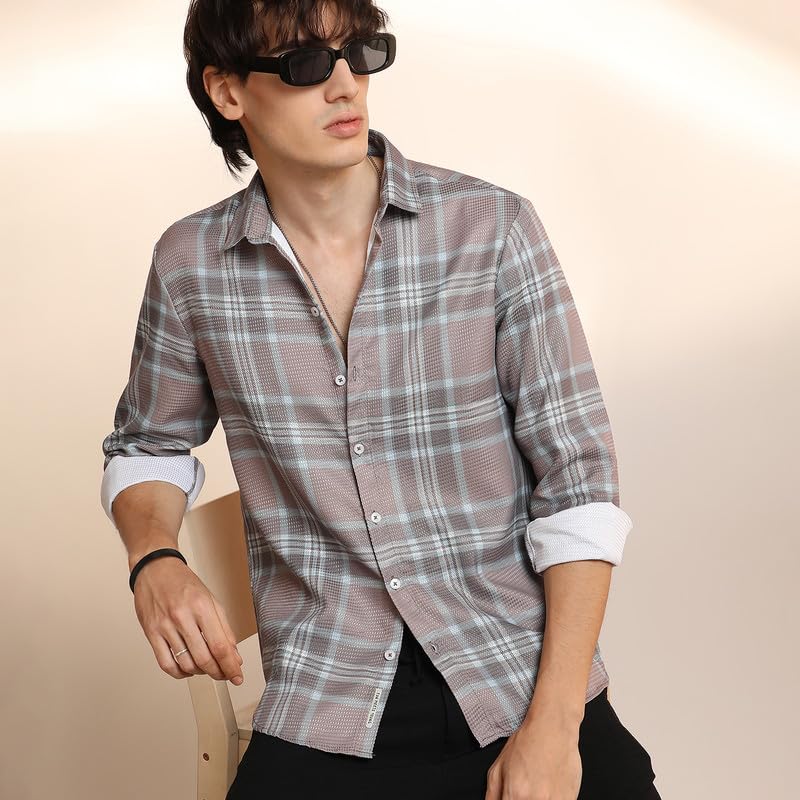 Image of CAHOOT Men's Nude Pink & Cloud Grey Tartan Plaid Shirt for Casual Wear | Spread Collar | Long Sleeve | Button Closure | Shirt Crafted with Comfort Fit for Everyday Wear