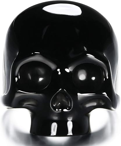 Vista 2 de Skullis Anillo de calavera con gema distintiva, calavera de cristal tallada de obsidiana negra y joyería de plata de ley 925