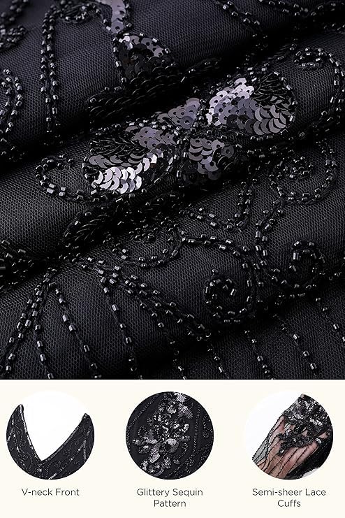 Image of 866A - 1920s Vintage Fringed Gatsby Sequin Beaded Tassels Hem Flapper Party Prom Cocktail Dress with Accessories