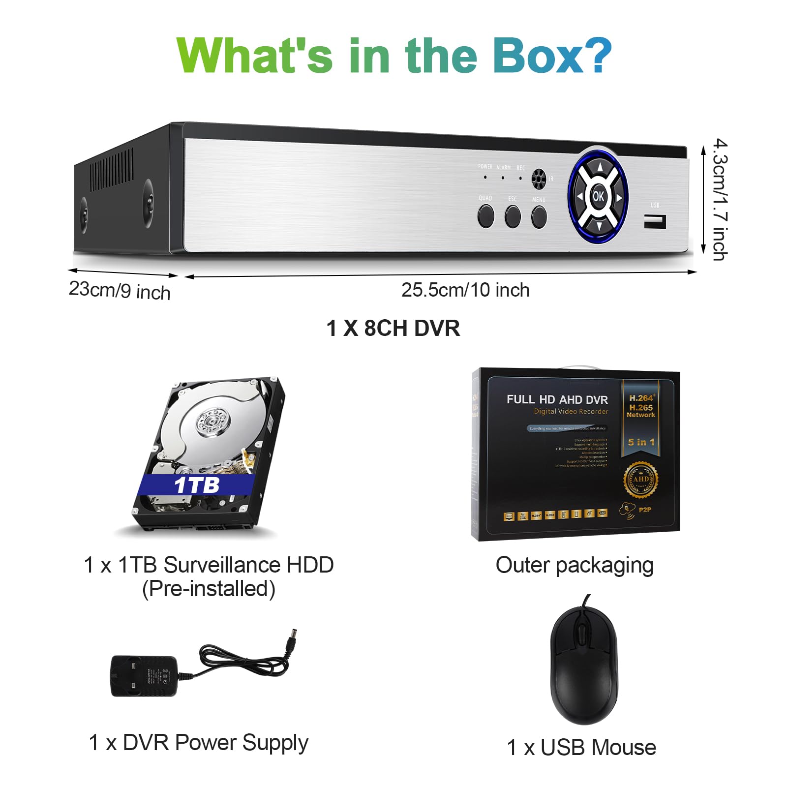 Grabador DVR de seguridad H.265+ de 8 canales de 5 MP con detección humana AI, DVR CCTV híbrido 6 en 1 de 8 canales para cámara de vigilancia, soporta cámaras analógicas e IP de 8 canales, aplicación