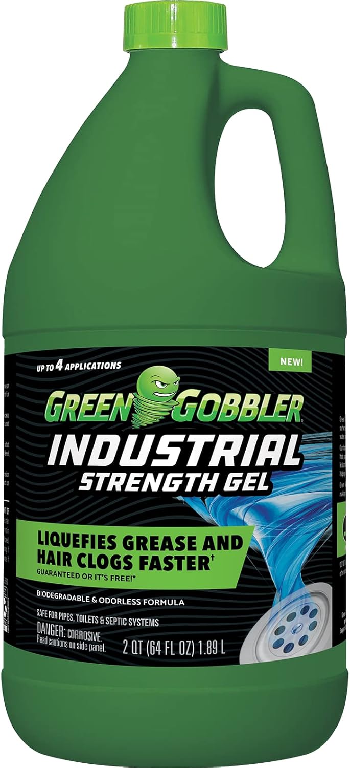 Green Gobbler Industrial Strength Grease and Hair Drain Clog Remover | Drain Cleaner Gel | Safe for Pipes, Toilets, Sinks, Tubs, Drains & Septic Systems | 64 fl. oz.