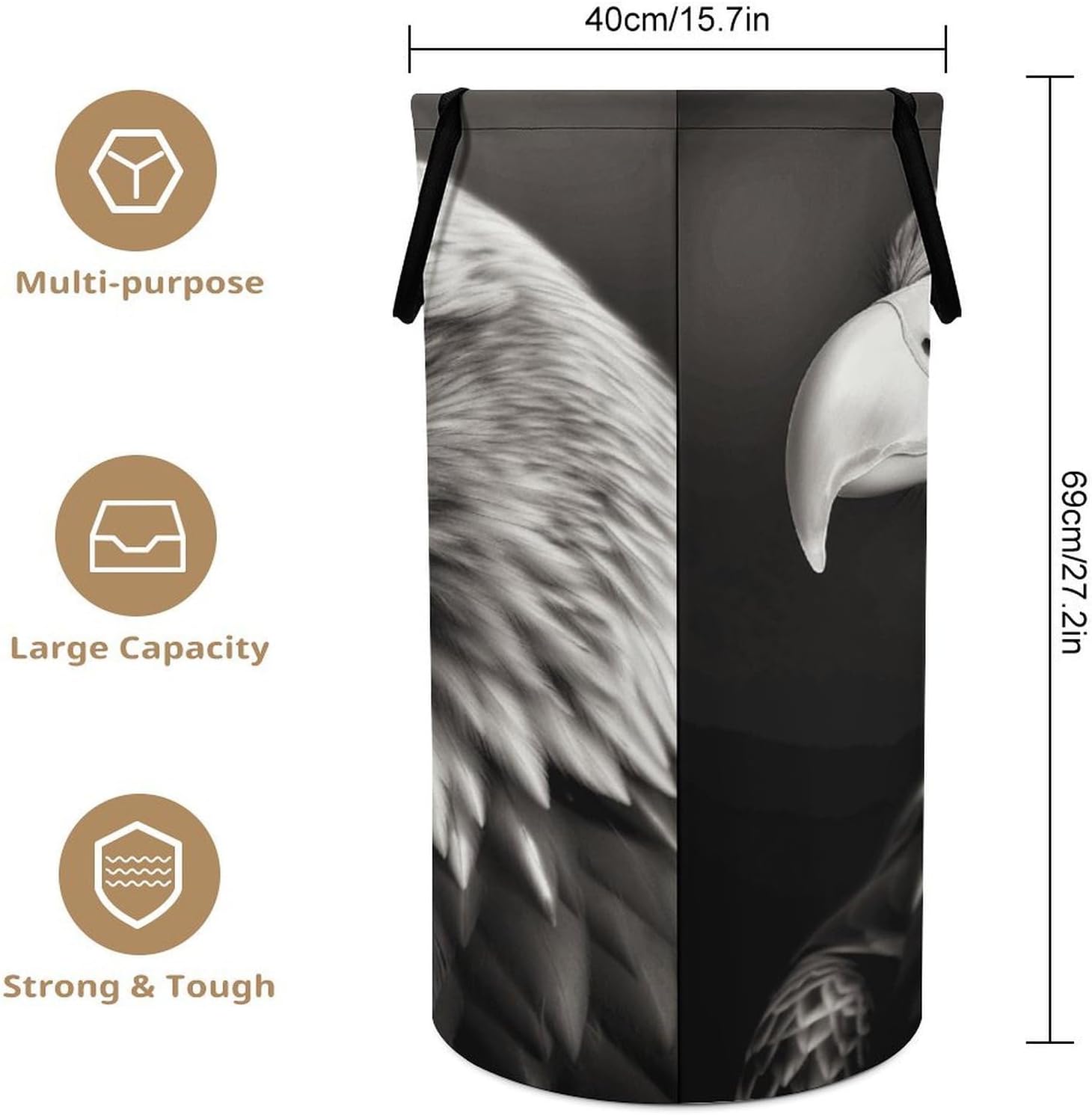 Eagle Black And White Laundry Hamper with Handles Waterproof Collapsible Laundry Basket Large Lightweight Round Dirty Clothes Hamper for Home Dorm Bathroom Decor