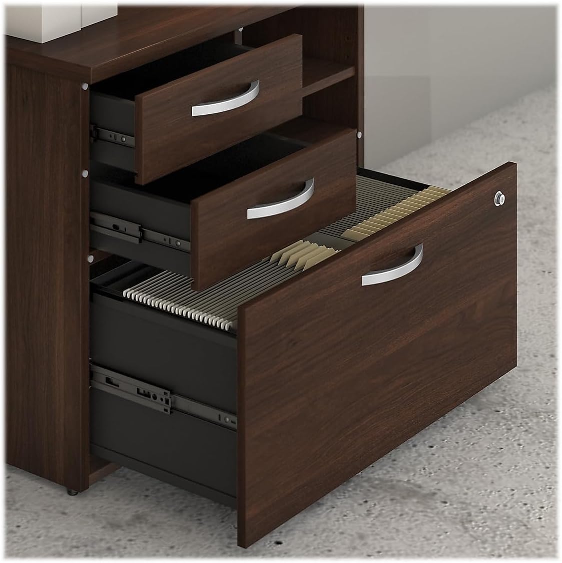 Bush Business Furniture Hybrid Office Storage Cabinet with Drawers and Shelves, Black Walnut