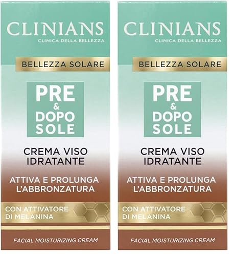 CLINIANS | Crema Idratante Pre&Dopo sole Viso, con Attivatore di Melatonina, 50mL (Confezione da 2)