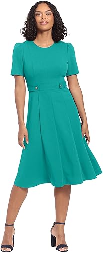 Miniatura 2 de London Times Womens Short Sleeve Crepe Fit and Flare Midi with Waist Button Detail