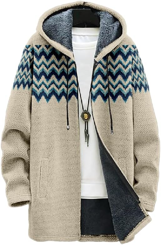 Mens Hooded Cardigans Warm Sherpa Fleece Fair Isle Pattern Sweatshirts Loose Casual Fall Winter Jacket Coat