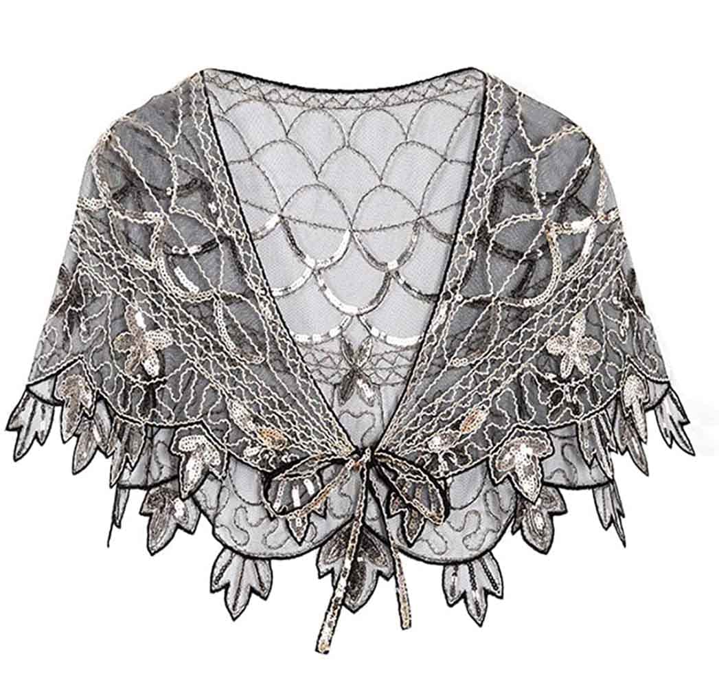 1920s Evening Cape Bridal Shawl Wraps Beaded Sequin Deco Shawl Cover Up Capelet