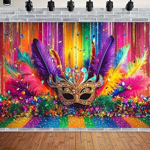 Venetian Mardi Gras Decoration Backdrop Masquerade Happy Birthday Backdrop Dress-Up Prom Party Banner Colorful Mask Mardi Gras Gold Glitter Beads Carnival Photography Background(B, 7x5feet)