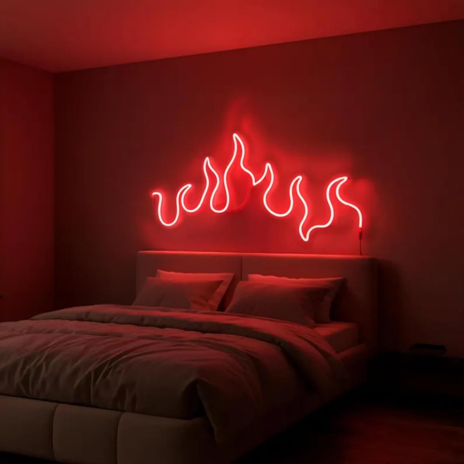 Red Flame Neon Sign, Curved Fire Shape LED Wall Decor Art 16.54x7.48in