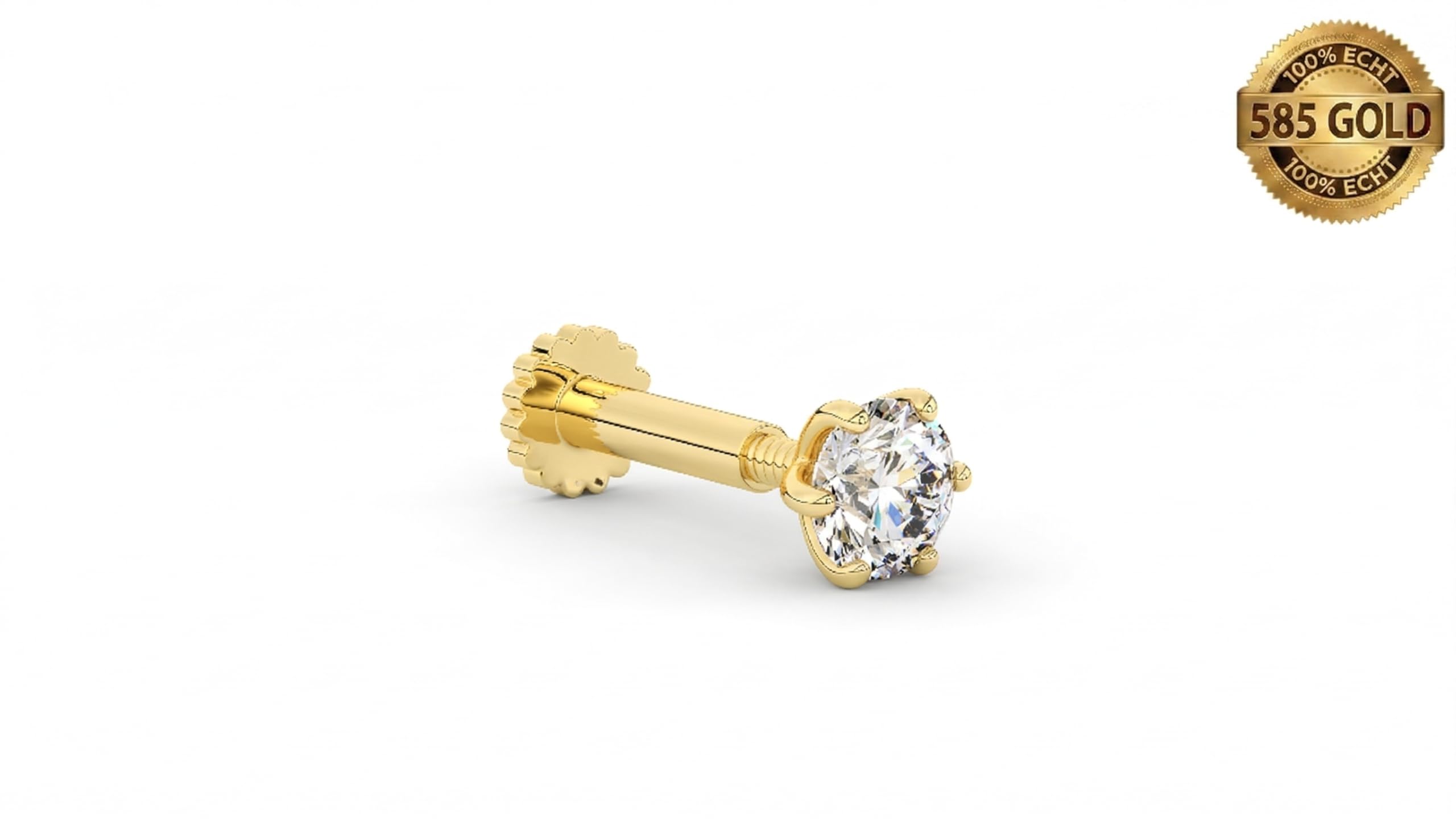 elitebox 585 Gold Nasenstecker Stud mit Diamant für Nasen- und Lippenpiercing, Labret-Stift Körper-Schmuck Ohr Tragus Helix Piercing Schmuck Hypoallergen Frauen Männer 14 Karat 6 Zacken 3mm (0.10 ct)