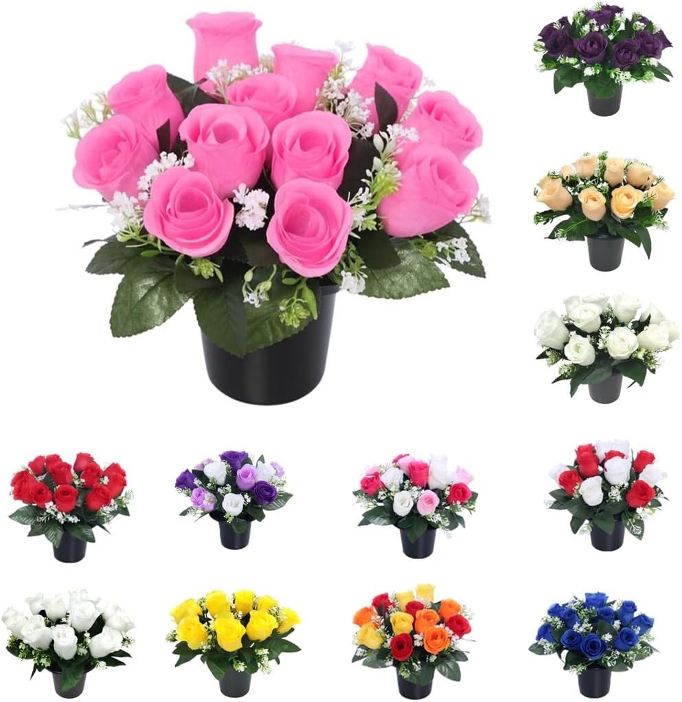 Artificial Grave Flower Pot with Foam Insert – UV-Resistant, Long-Lasting Memorial & Cemetery Flowers for Grave Displays, Home & Garden, Weatherproof Faux Floral Arrangement (Pink)