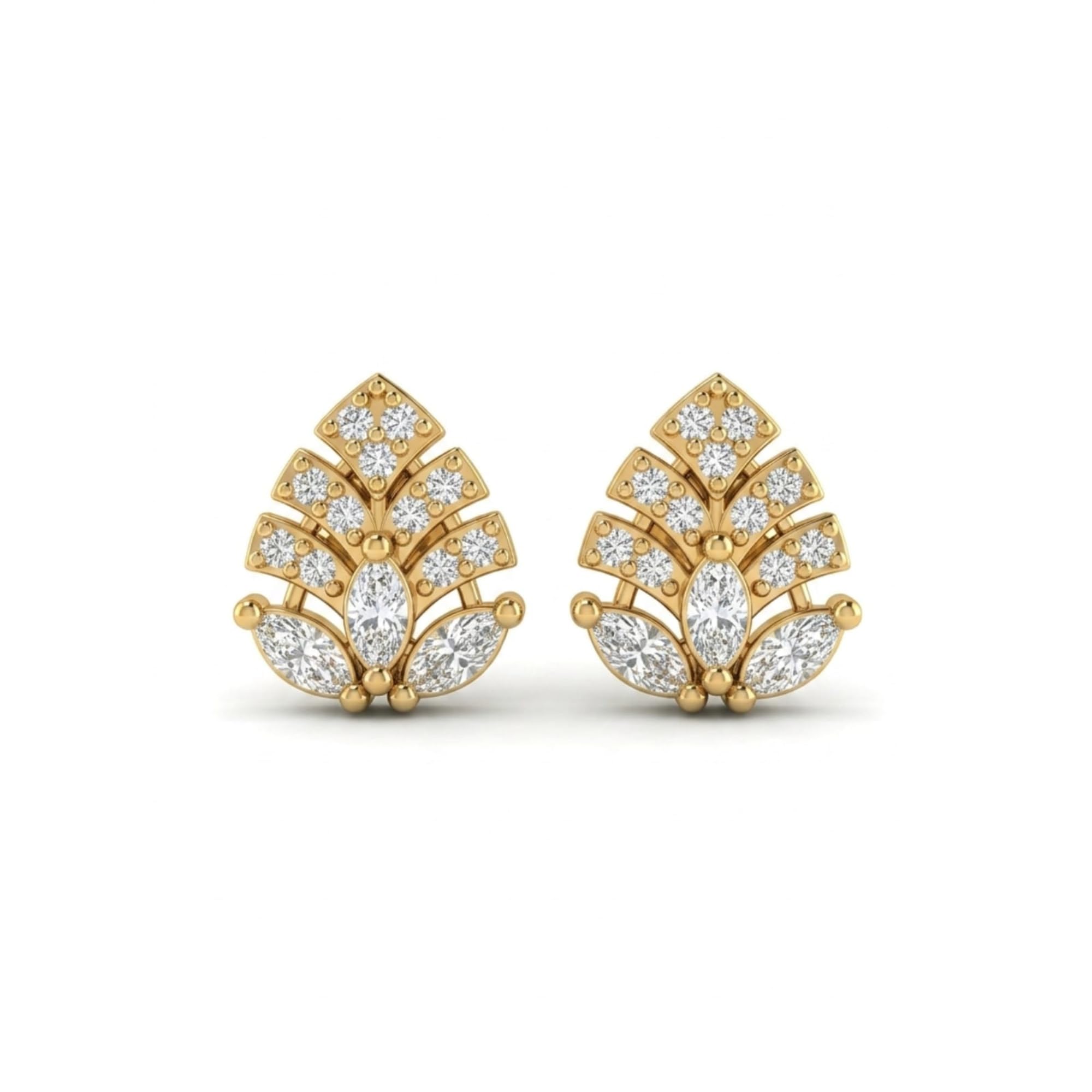 Gold Plated Floral Stud Earring with Marquise Cut Cubic Zirconia, Polished Finish, Push Back Closure-image-22