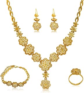 indian Women Jewelry Necklace Set african Dubai Bride Wedding Prom Fashion Jewelry 24K Gold Plated Necklace Bangles Rings Earrings