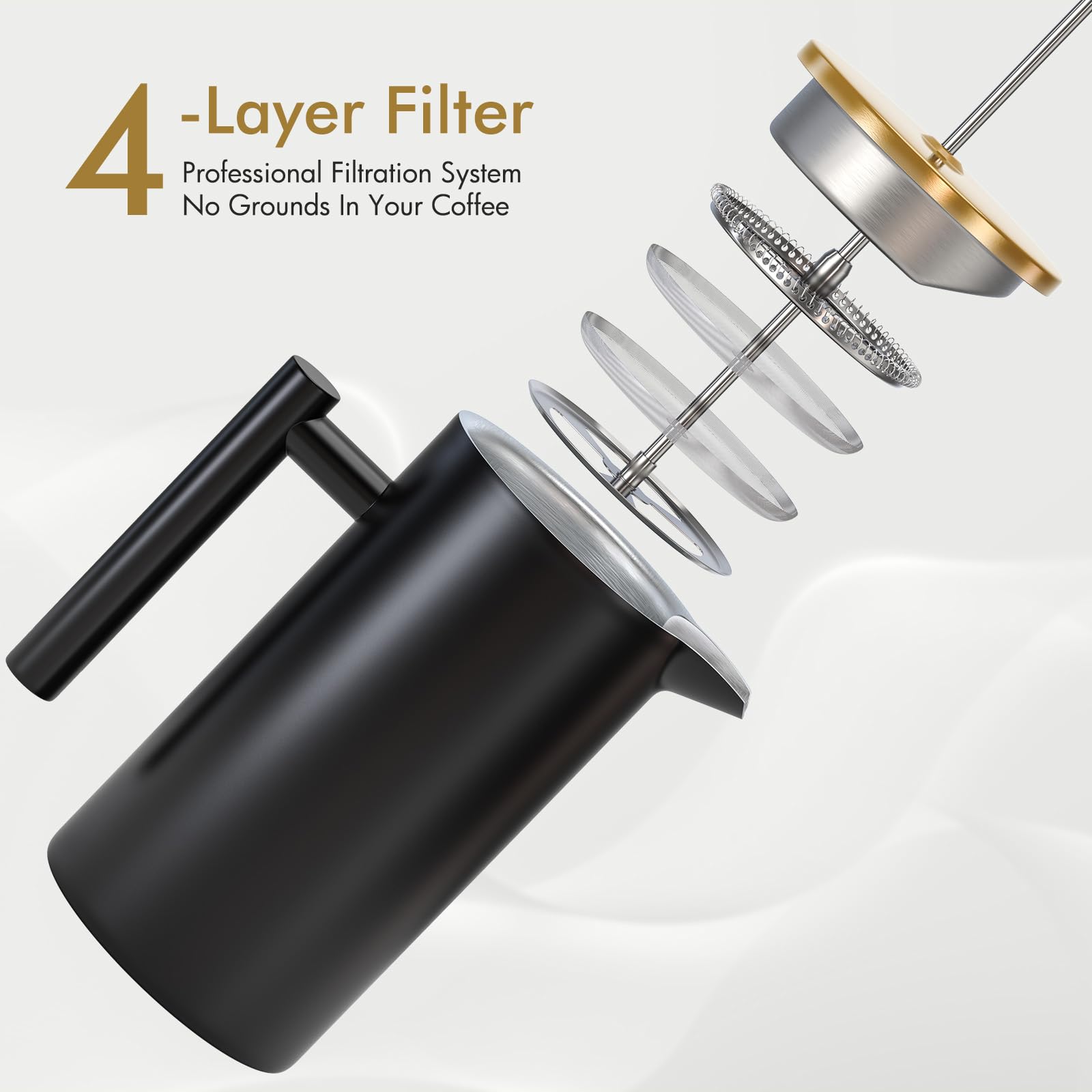 Cafetera Prensa Francesa 350ml Acero Inoxidable Filtro 4 Capas Aislamiento Negro