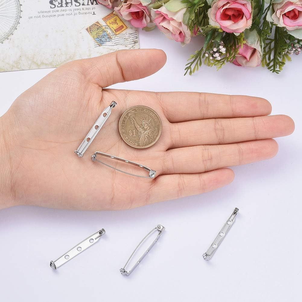 LiQunSweet 10-Piece Three Holes 304 Stainless Steel Brooch Bar Pins Findings Safety Catch Back Pins Platinum 1.5" (38mm) for Craft Jewelry Making