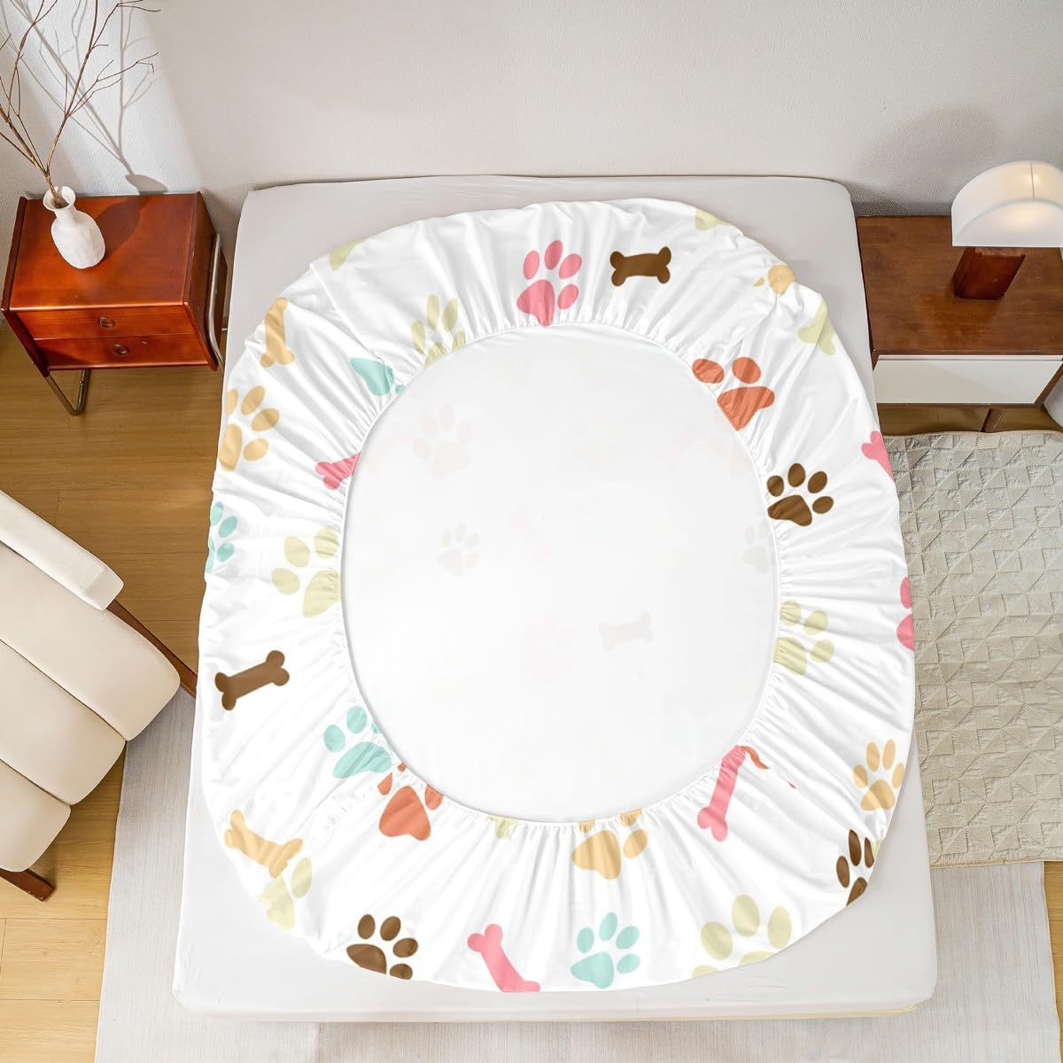 Colorful Paws Bed Sheet Queen Set Colorful Bones Sheets Sets Adults Bedroom Decor Cartoon Dog Microfiber Bedding Set with Flat,Fitted Sheet,2 Pillow Cases