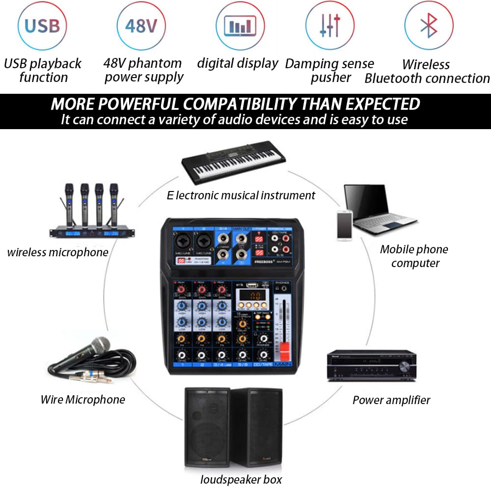Mixer DJ a 6 canali, interfaccia audio per console USB/MP3/Bluetooth/DJ con interfaccia digitale 48 V Phantom Power Stereo per live streaming Youtube / PC / studio di registrazione / gaming