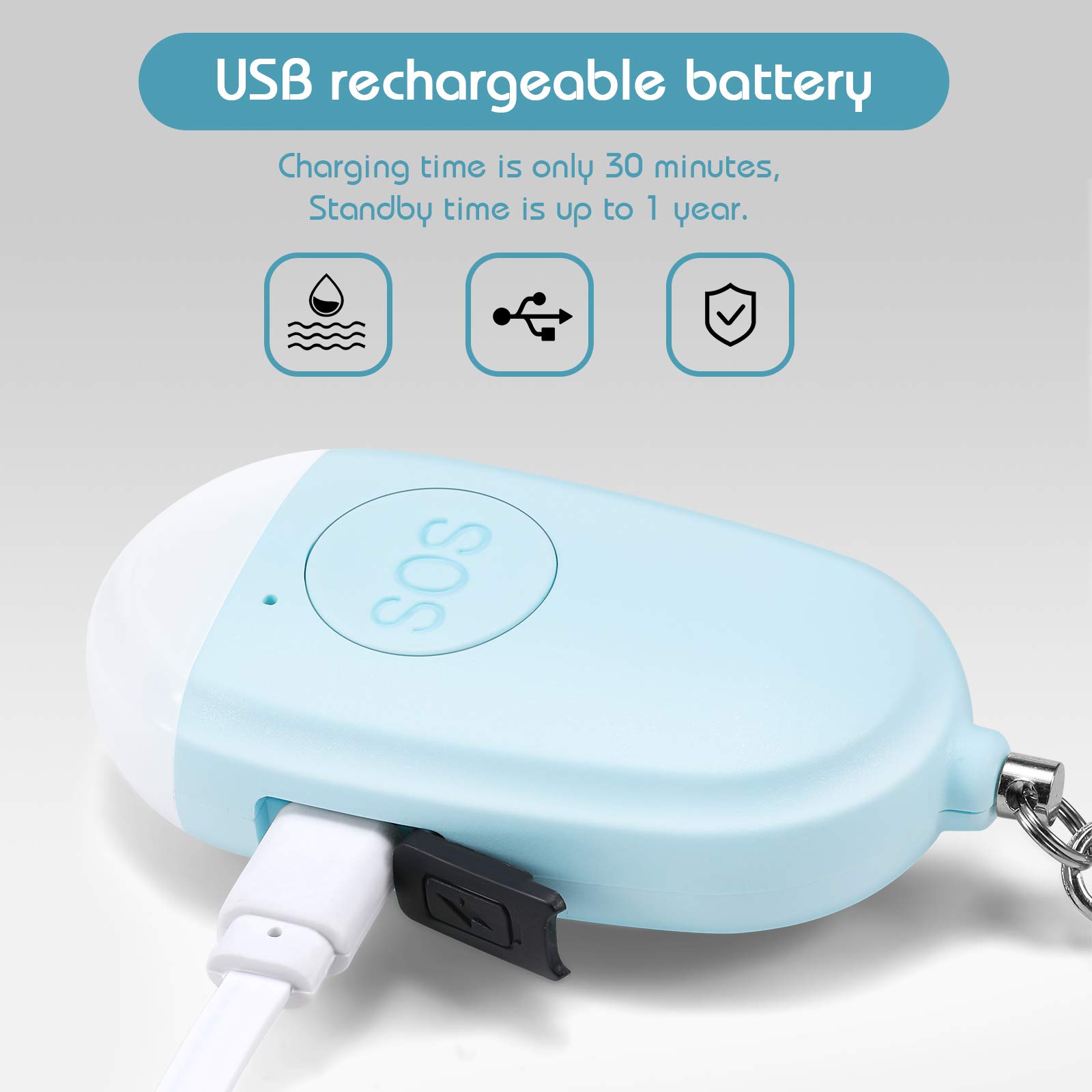 4 Piezas Llavero de Alarma de Seguridad Personal Llavero Canción de Auto Sirena de Alarma de Seguridad de 130 db con USB Recargable Linterna LED para Mujeres Niños Ancianos Hombres