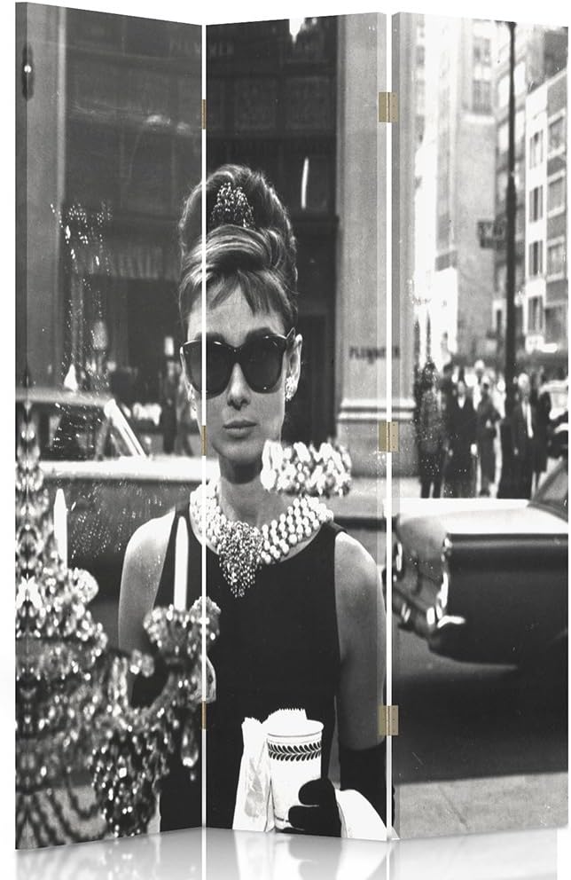 Feeby Frames Canvas Screen, Decorative Room Divider, Paravent, Double sided, 360°, 3 panels (110x150 cm) AUDREY HEPBURN, BREAKFAST AT TIFFANY'S, GLAMOUR, BLACK AND WHITE, JEWELLERY