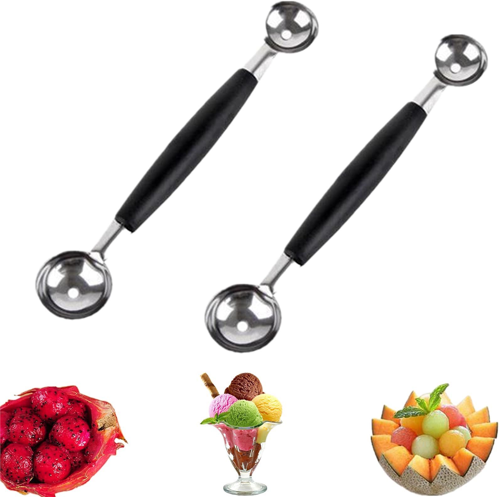 2 Pack Double Ended Headed Fruit Icecream Ball Spoon,Stainless Steel Fruit Baller,Smooth Round Melon Balls Melon Scoop for Watermelon,Ice Cream,Fruits, 7.09 inch in Length