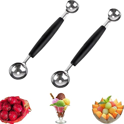 Miniatura 6 de Paquete de 8 bolas de melón de frutas de doble extremo, cuchara de bola de acero inoxidable 430, bolas de melón redondas lisas para sandía, helado,