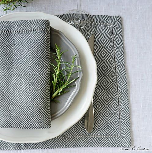 Linen & Cotton Set of 2 Table Mats Placemats Scandi - 100% Linen, Grey (30 x 44 cm (12'' x 17.6'')) Festive Elegant Rectangular Plate Dinner Table Linen Cloth Fabric Material Home Kitchen Christmas