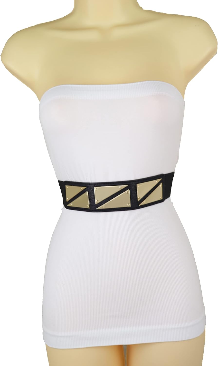 Women Fashion Elastic Strap Black Faux Leather Waistband Belt Waist Hip Gold Metal Triangles Buckle S M