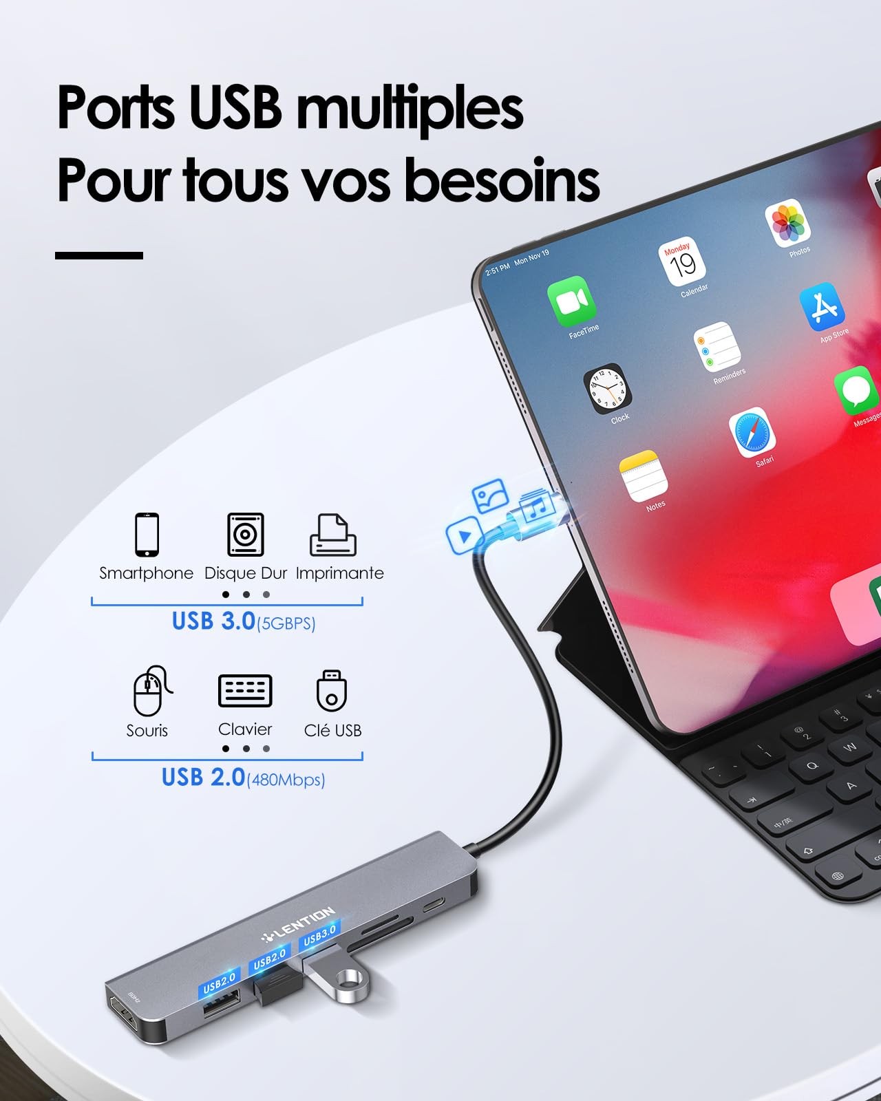 LENTION Hub USB C avec Charge PD 100W, HDMI 4K@60Hz, Lecteur de Carte SD/TF, USB 3.0, Adaptateur USB C Compatible 2026-2016 MacBook Pro/Mac Air, iPad, iPhone 17/16/15, Plus d'appareils de Type C(Gris)