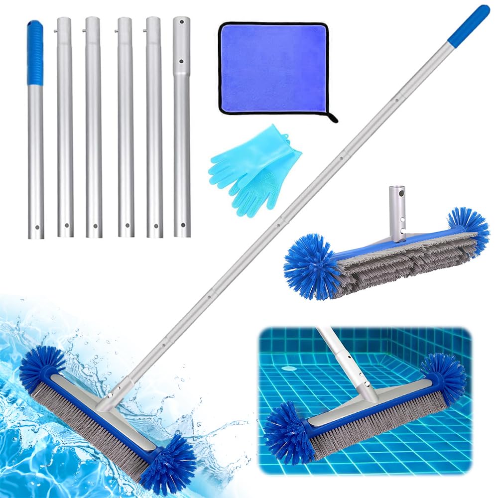 Poolbürste mit Runden Enden,43CM Pool Reinigungsbürste mit Längenverstellbarer Aluminiumstange und Erstärkter Metall Rückseite,Reinigungsbürste für Pool,Robuuste Borstel(Blau)