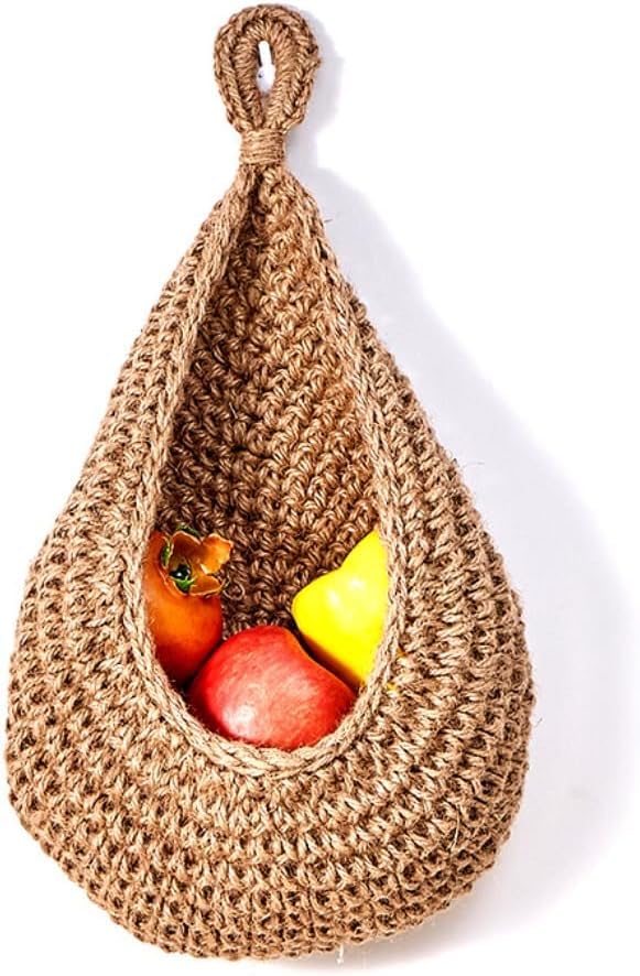 Kitchen Hanging Fruit Basket, Onion Basket Hanging for Pantry, Wall Hanging Vegetable Fruit Basket for Potato, Onion Garlic, Handmade Jute Rope Hanging Basket for Kitchen Storage(Brown)