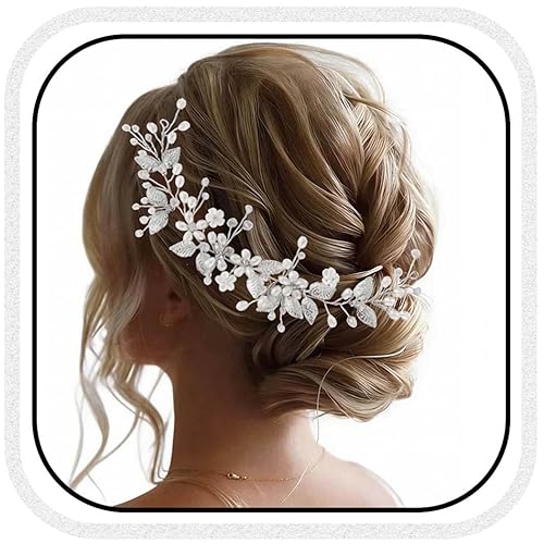 Yean Diadema de boda con perlas y flores plateadas, accesorios para el cabello, pieza de pelo de hoja para mujeres y niñas