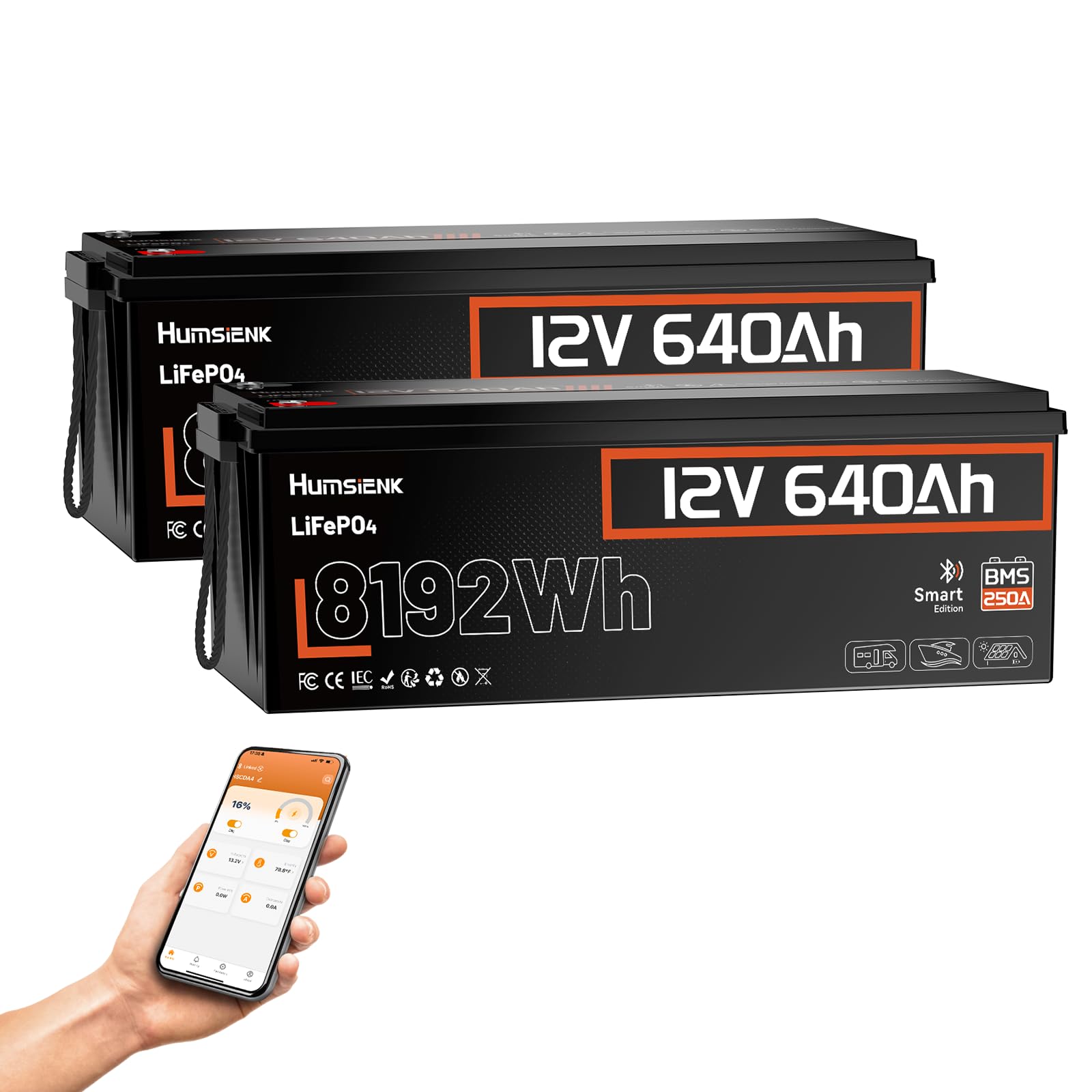 HumsiENK 2Pack 12V 640Ah LiFePO4 Battery, 8.19kWh Massive Capacity Lithium Battery with 250A BMS (3200W Output), Bluetooth &amp; Low-Temp Cut-Off, Replaces 6x 12V 100Ah for RV, Off-Grid Solar, Marine