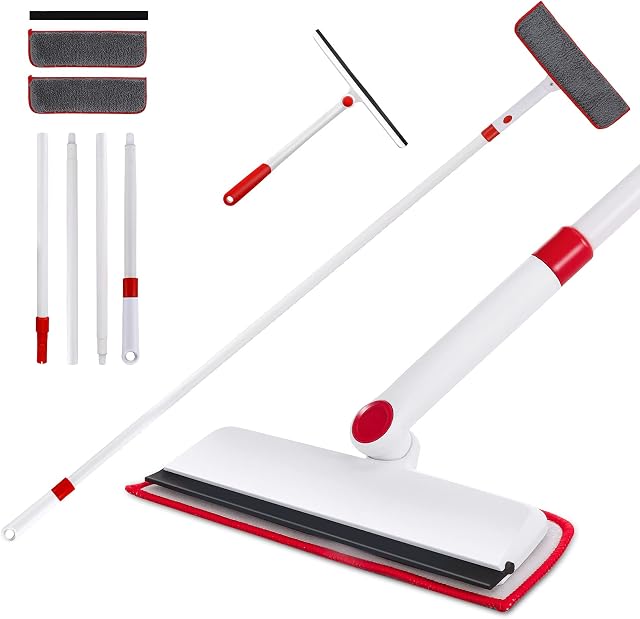 Masthome Window Cleaning Equipment, Long Handle Window Squeegee Cleaner Kit with Microfibre Scrubber & Rubber Blade, Send Extra Shower Squeegee & Microfibre Scrubber Refill