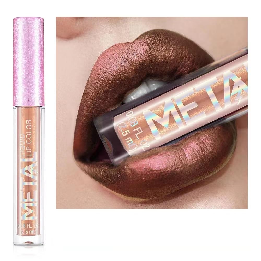 ENGBO 12 Colors Metallic Liquid Lipstick Lip Gloss Non-Stick Cup Lip Glaze Makeup Pearl Beauty Makeup (03-SHIMMER FINISH)