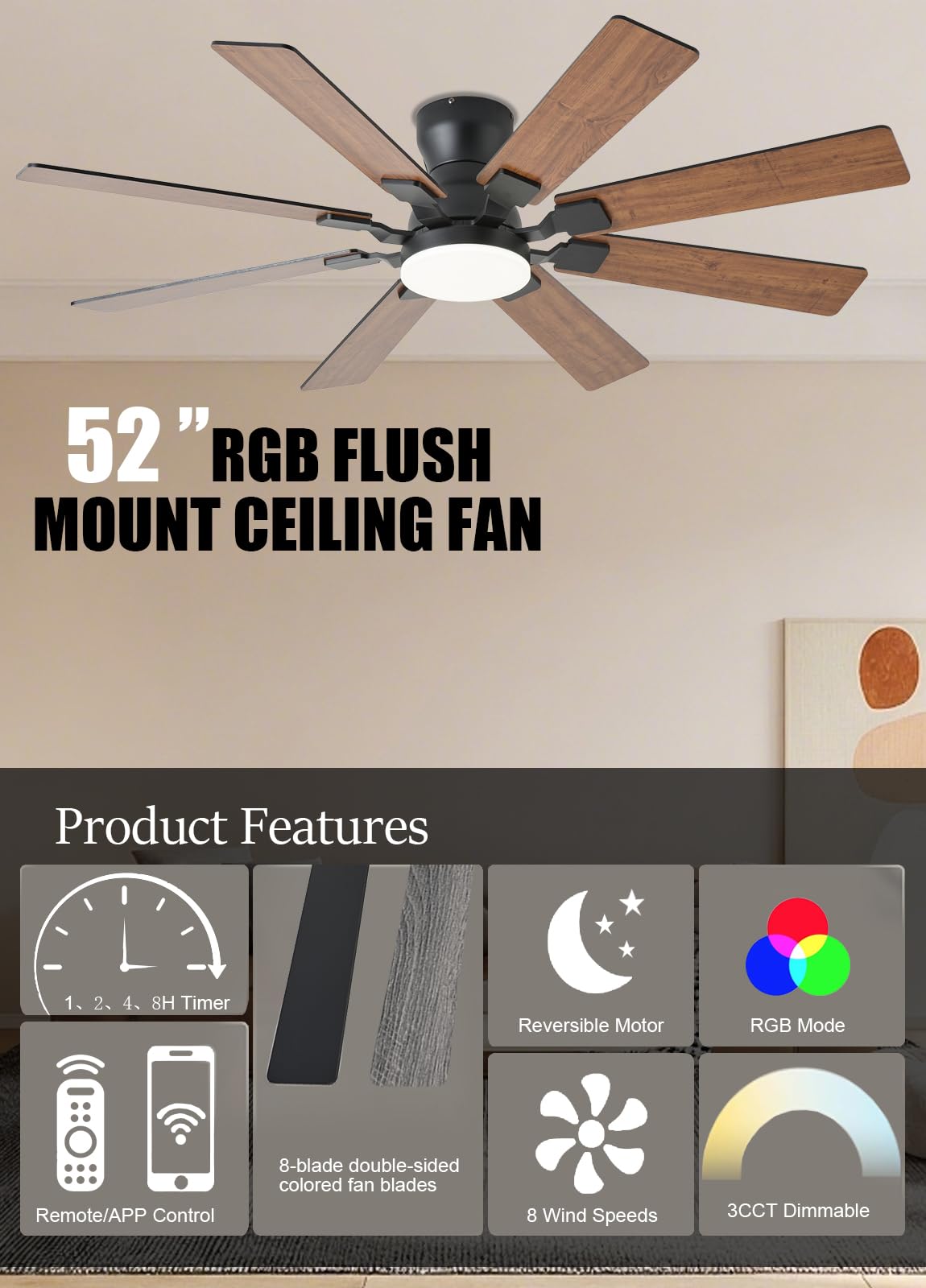 52 inch Ceiling Fan with Light 6 Speeds Reversible Low Profile Ceiling Fan with Light and Remote APP — view 2