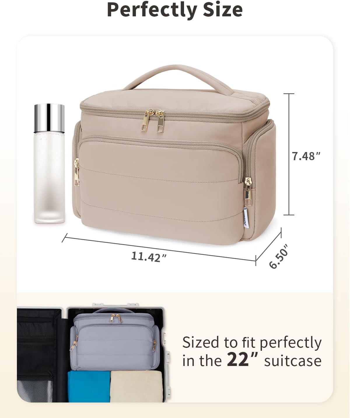 WANDF Travel Toiletry Bag for Women, Wide-open Large Makeup Bag with Handle, Puffy Makeup Organizer for Toiletries, Cosmetics, Accessories, Essentials (Light Khaki) - Image 6