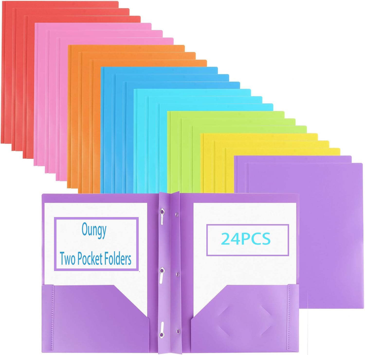 24 PCS Plastic Two Pocket Folders with Prongs, Colored 2 Pocket Folders with Fasteners, Heavyweight Folders with Pockets and 3 Prongs, Poly Plastic Folders for Office Home Business