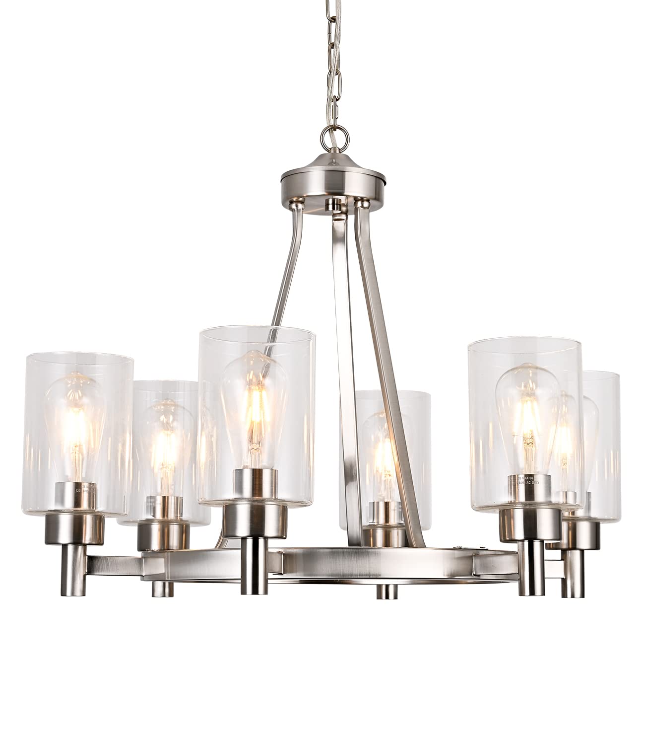 BOZO Round 6 Lights Chandelier Brushed Nickel Dining Room Lighting Fixtures Modern Over Tables Chandeliers Hanging Industrial Pendant Lighting 25.6" for Kitchen Living Bedroom Restaurant