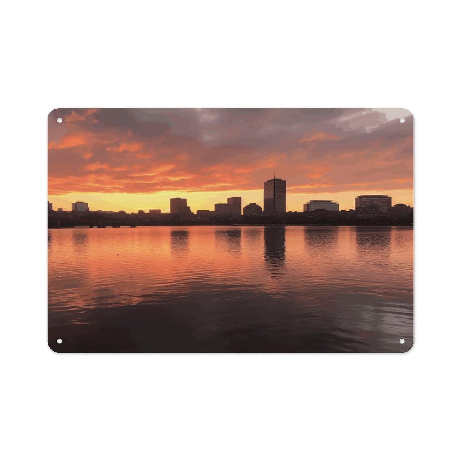 Vintage Metal Sign Sublimation Aluminum Boston Charles River City Skyline Sunset Plaque Sign Weatherproof Art Decorative Wall Plate Boho Aluminum Wall Hanging Decor Retro Poster Plaque 8x12in
