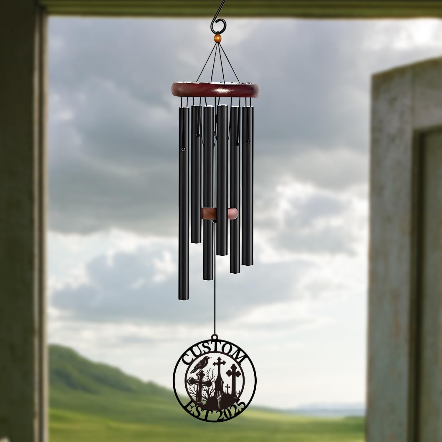 Personalized Customize Name Gothic Skull Wind Chime, Metal Iron 37 Inch Outdoor Memorial Gift for Garden Yard Patio Home Decor, Black (Style F)